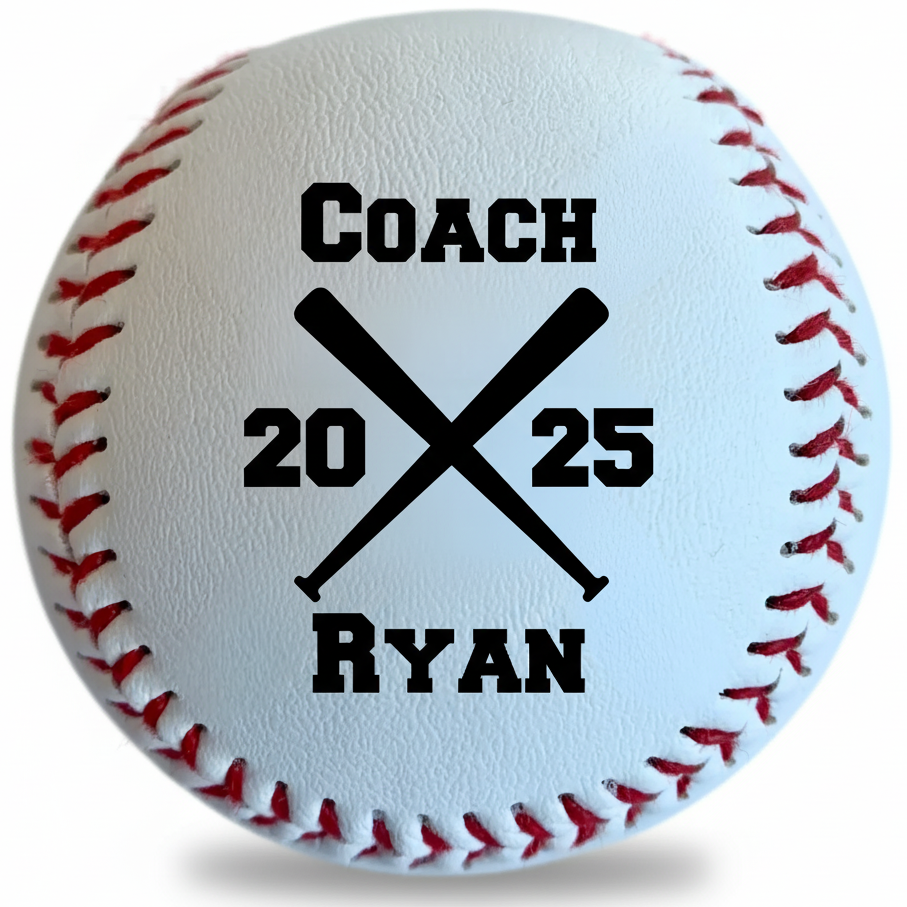 Baseball with 'Coach 2025 Ryan' printed on a white background