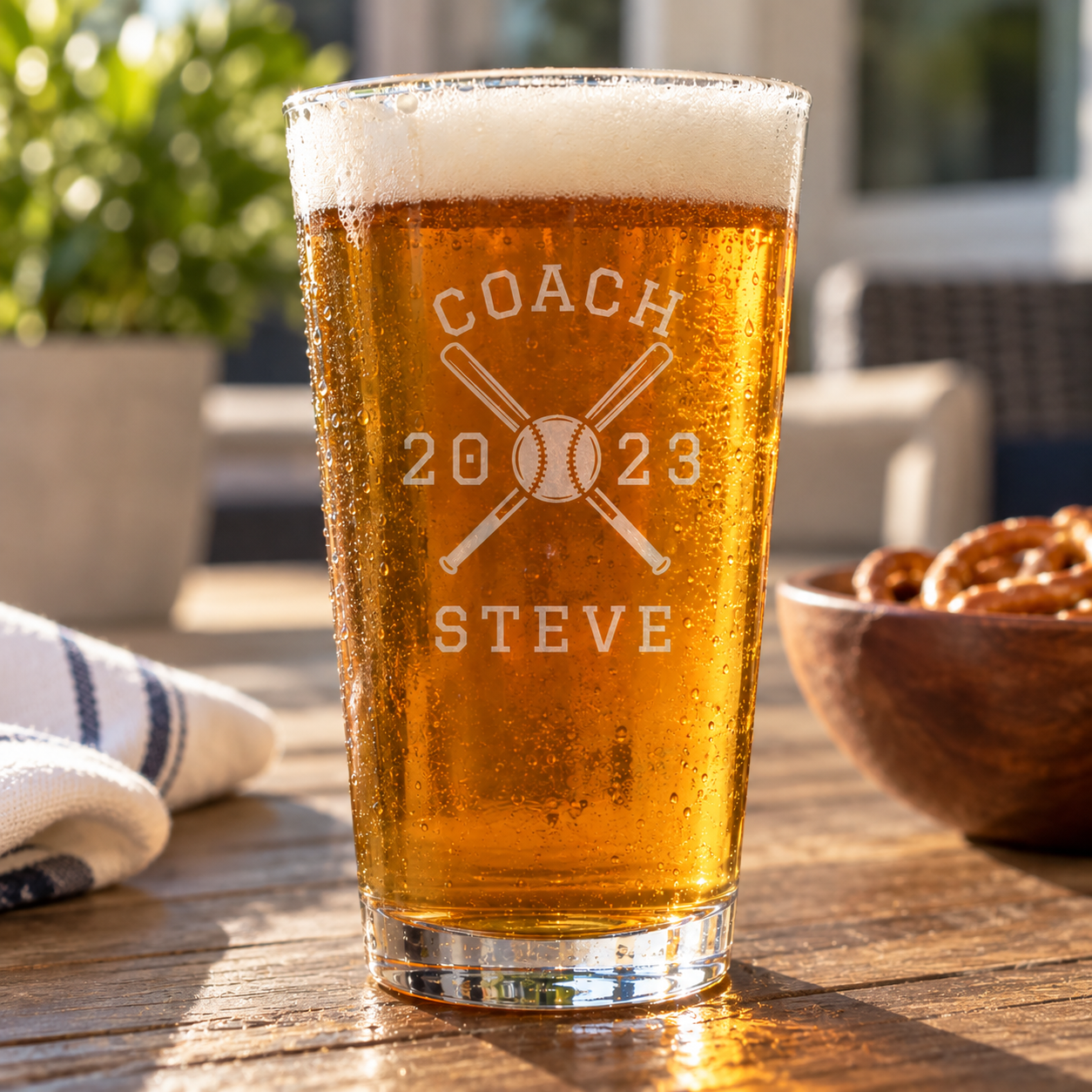 Team Roster Baseball Coach Pint Glass front engraved COACH with crossed bats around a baseball, the season year 2023 and the coach name STEVE
