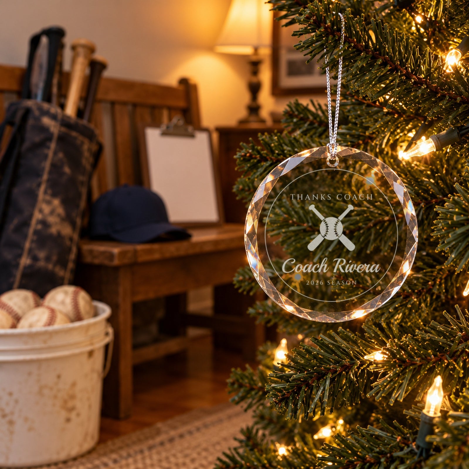 Baseball coach ornament engraved THANKS COACH, Coach Rivera, 2026 SEASON on a Christmas tree beside a bat bag, cap and a bucket of baseballs
