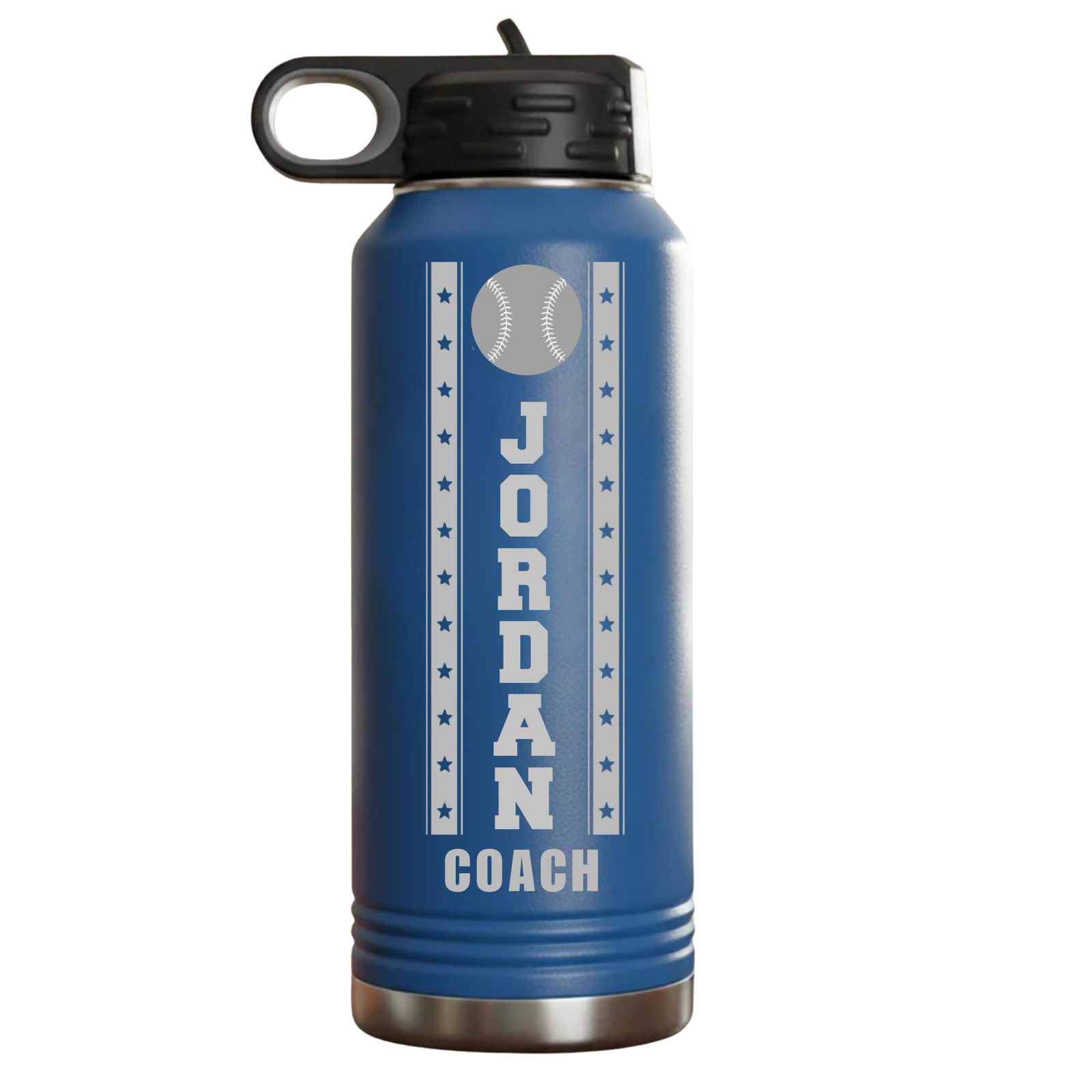 Royal blue engraved baseball coach water bottle personalized with sample name JORDAN and COACH, a thank-you gift for a baseball coach