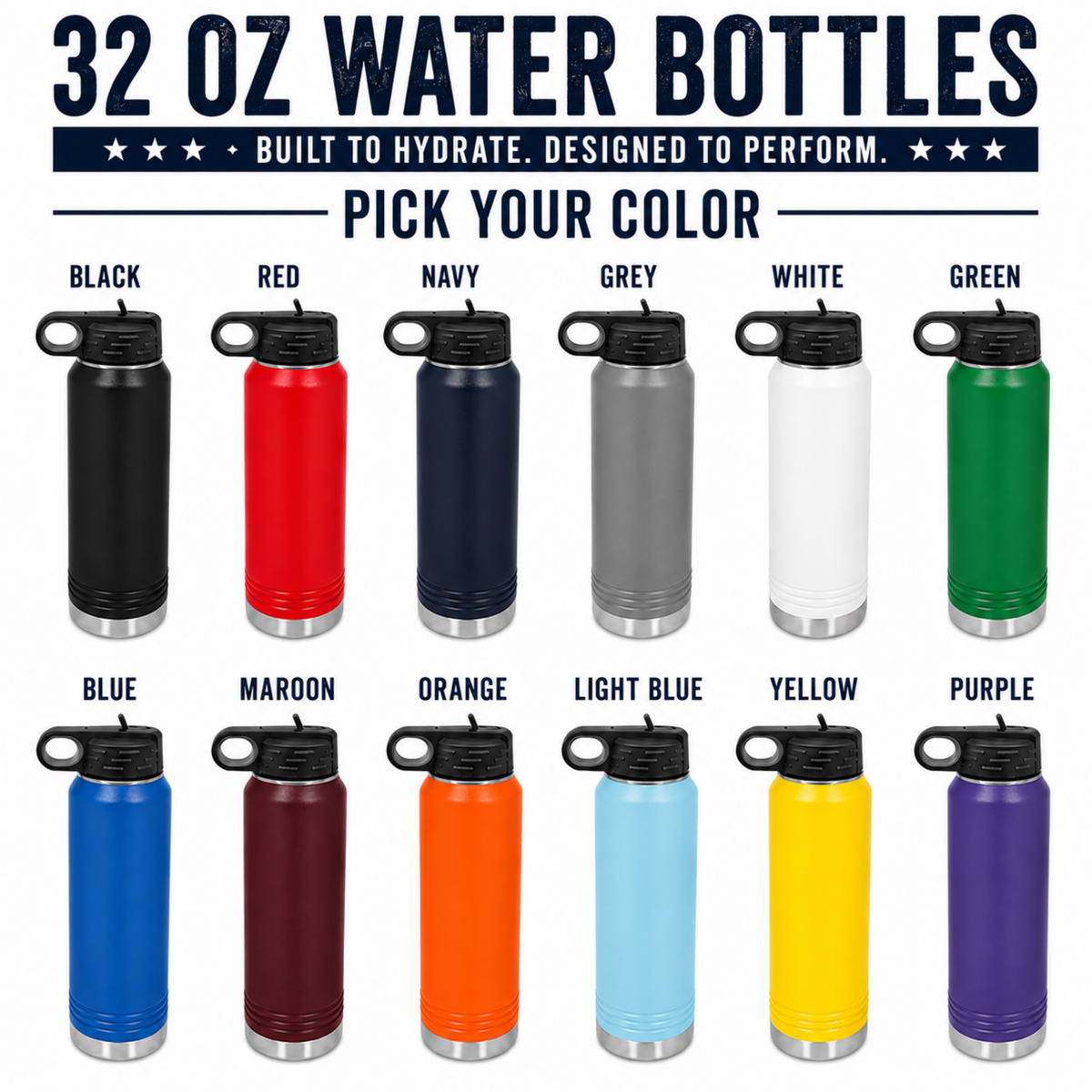 Personalized baseball coach water bottle color chart, available in 12 powder-coat colors including black, navy, maroon, red, and green