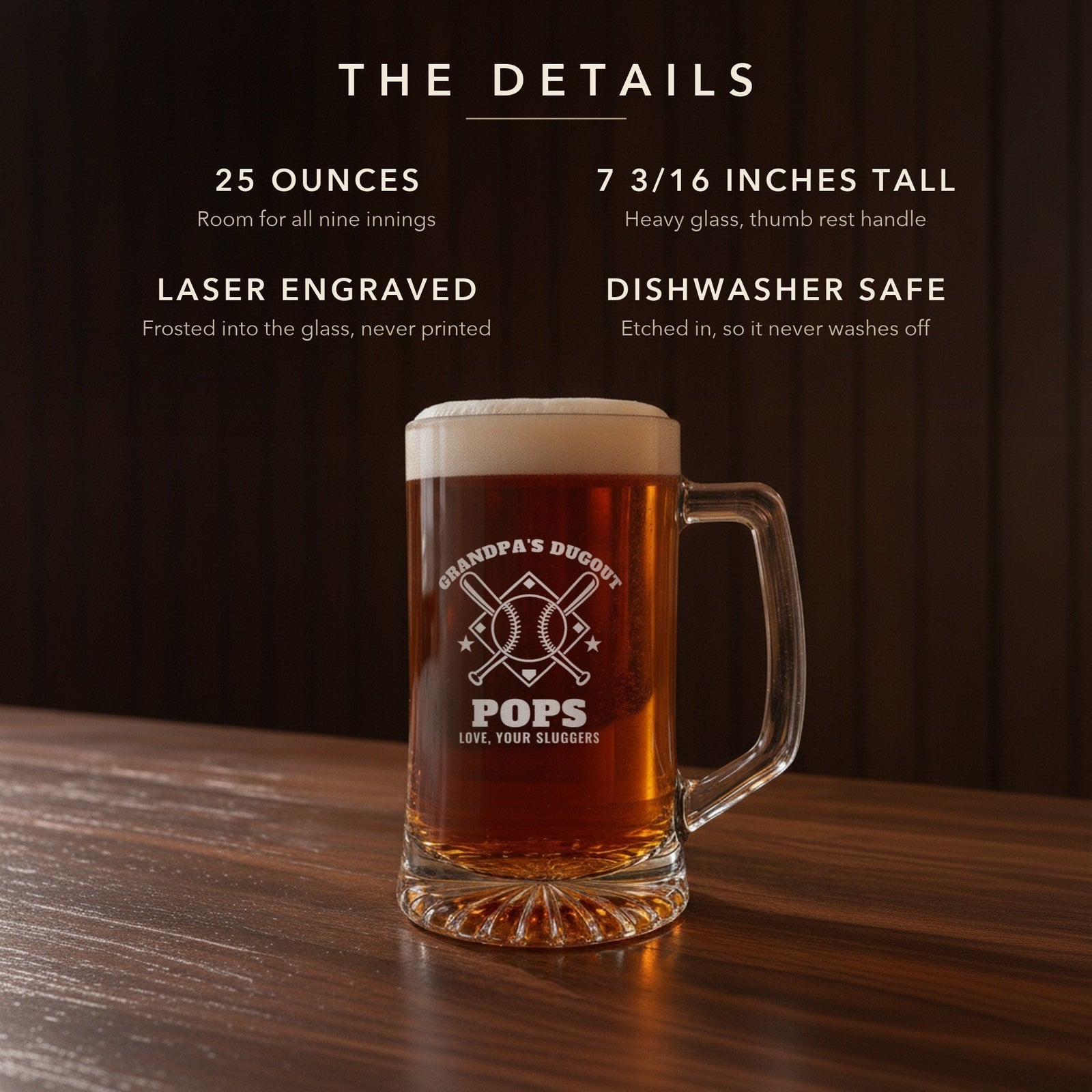 Details card for the personalized baseball beer stein: 25 ounces, 7 3/16 inches tall, laser engraved, dishwasher safe: Grandpa's Dugout, Pops, Love, Your Sluggers