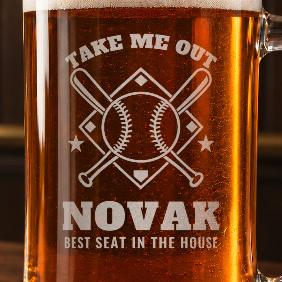 Close-up of the frosted engraving on the baseball fan beer stein, crossed bats, a baseball and a diamond: Take Me Out, Novak, Best Seat in the House
