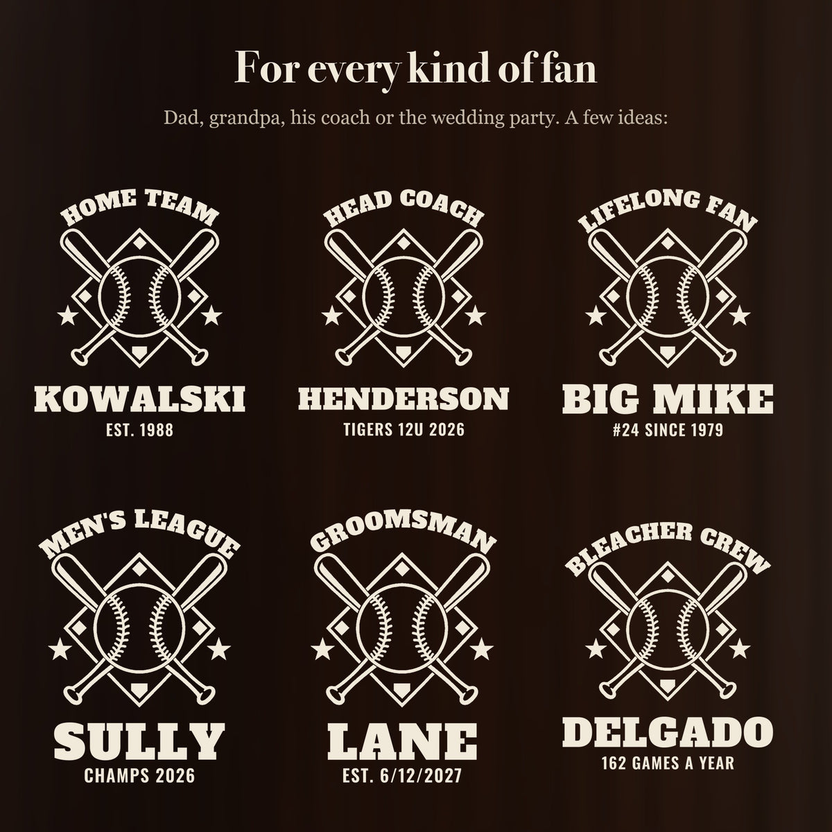 Six ways to engrave the baseball beer stein for dads, coaches and fans: Home Team Kowalski, Head Coach Henderson, Lifelong Fan Big Mike and more