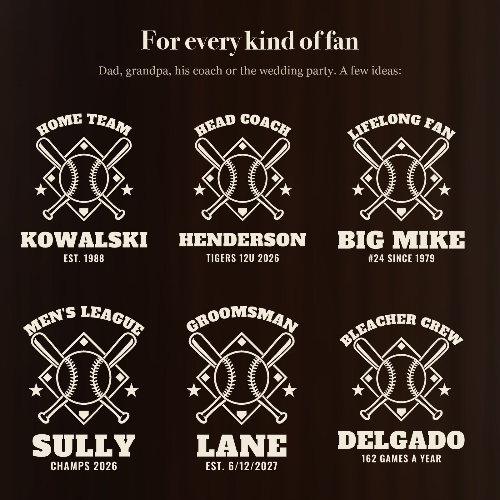Six ways to engrave the baseball beer stein for dads, coaches and fans: Home Team Kowalski, Head Coach Henderson, Lifelong Fan Big Mike and more