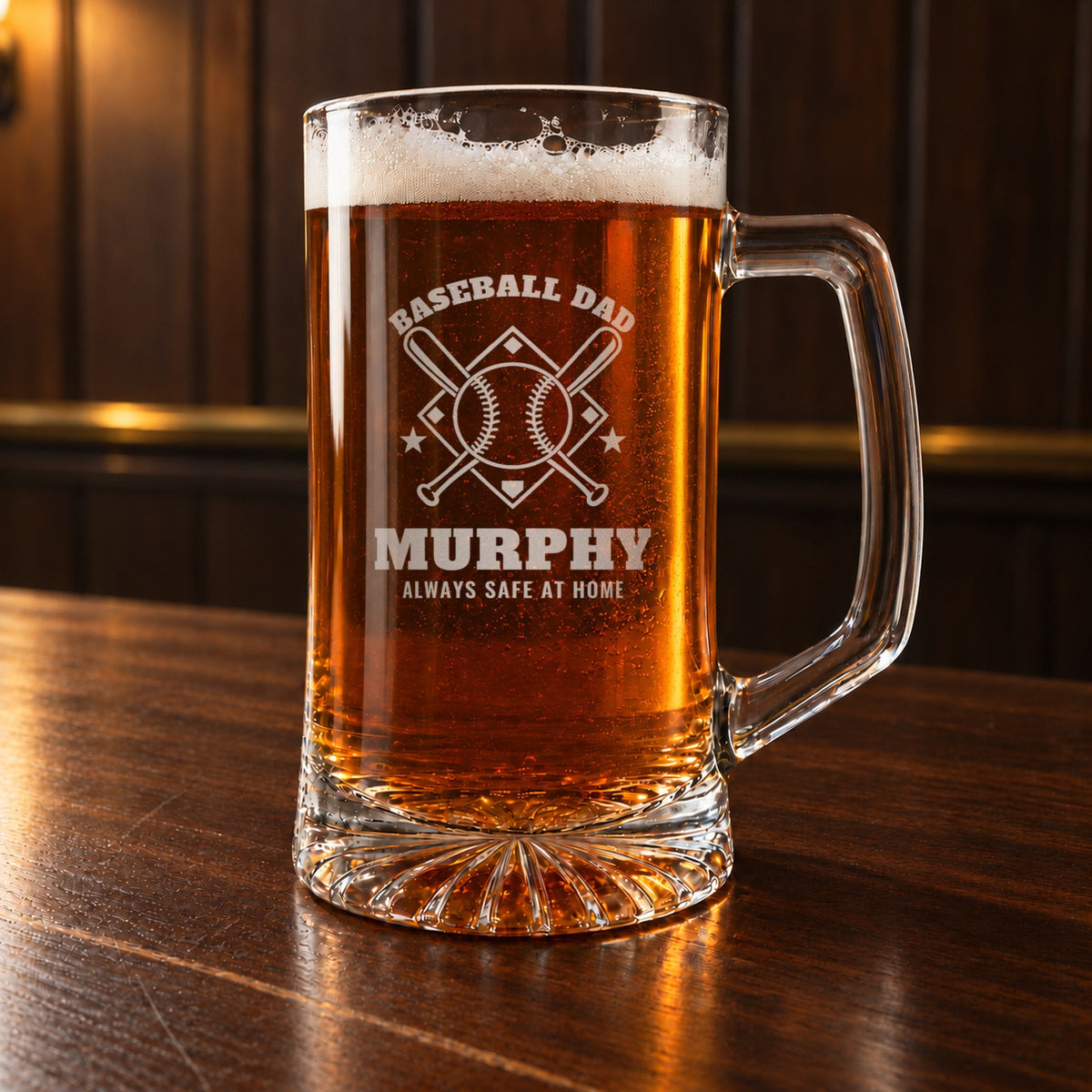 Personalized baseball dad beer stein on a walnut bar, engraved with crossed bats, a baseball and a diamond: Baseball Dad, Murphy, Always Safe at Home