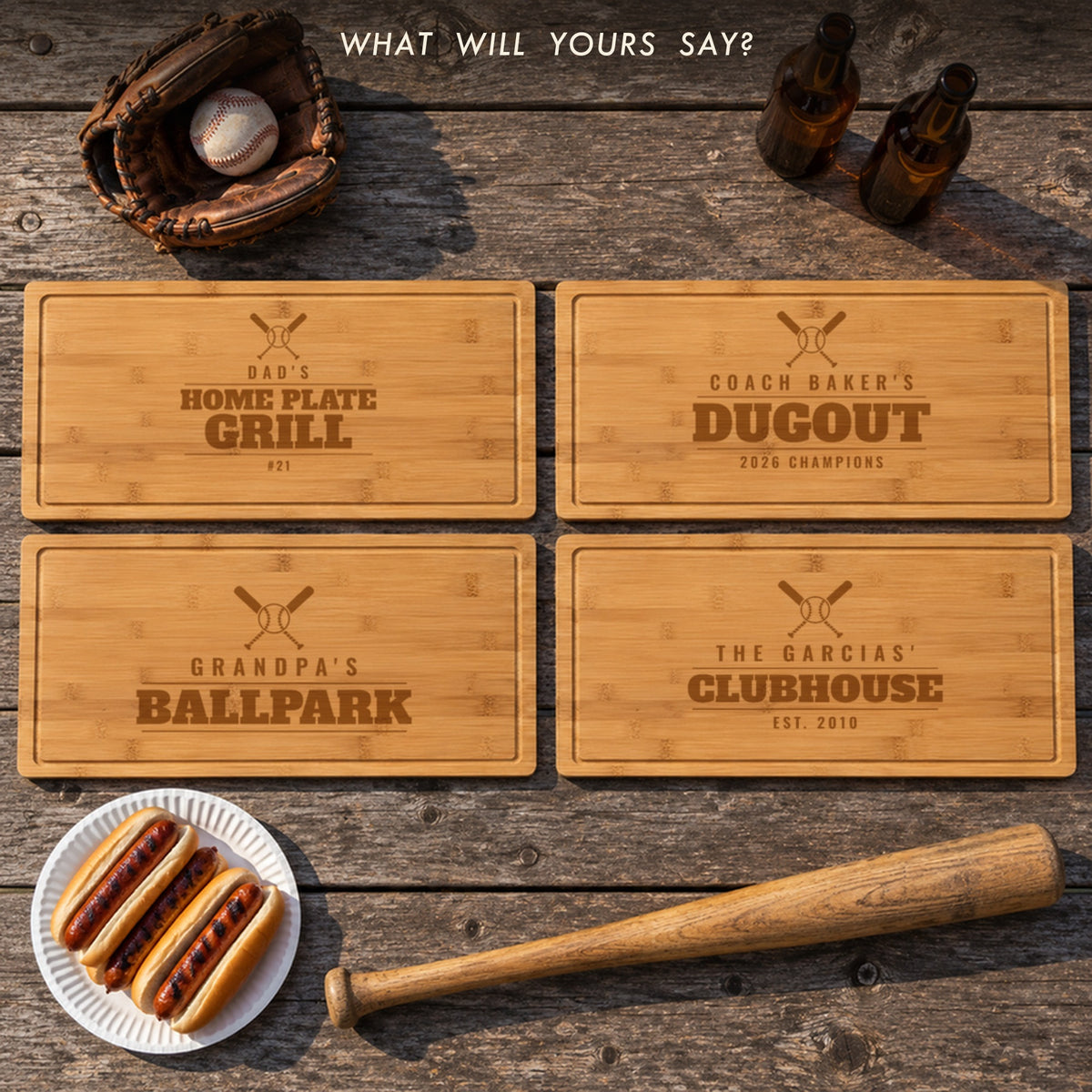 Four baseball dad cutting boards: Dad's Home Plate Grill, Coach Baker's Dugout 2026 Champions, Grandpa's Ballpark and The Garcias' Clubhouse