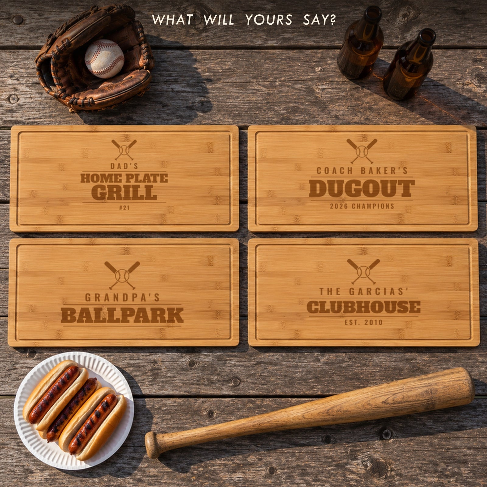 Four baseball dad cutting boards: Dad's Home Plate Grill, Coach Baker's Dugout 2026 Champions, Grandpa's Ballpark and The Garcias' Clubhouse