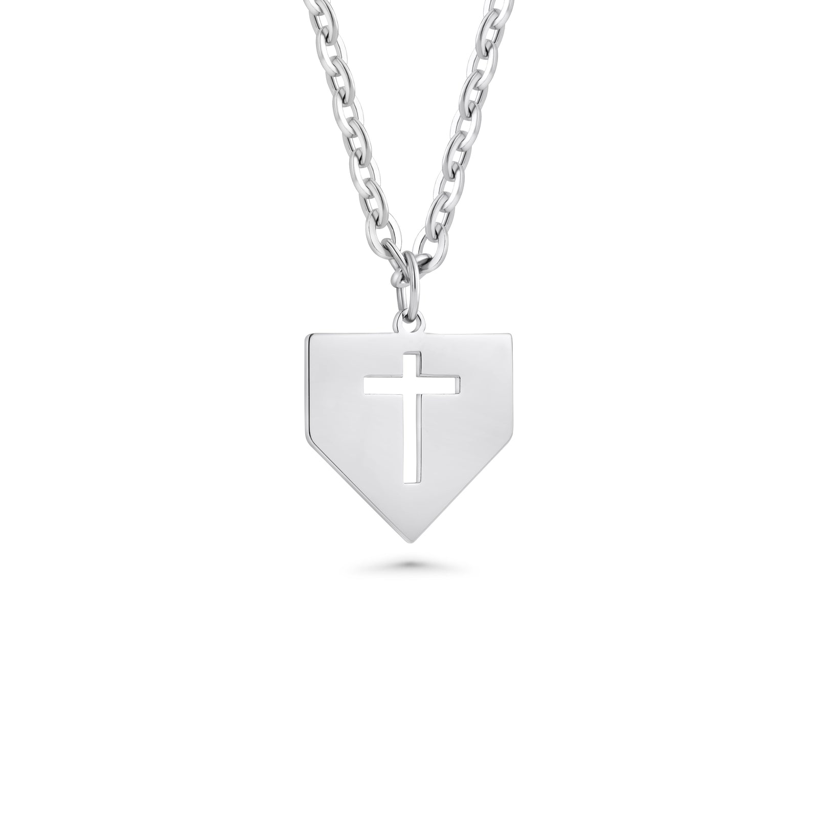 Stainless steel home plate cross pendant necklace with a cut-out Christian cross on a polished pentagon-shaped home-plate pendant