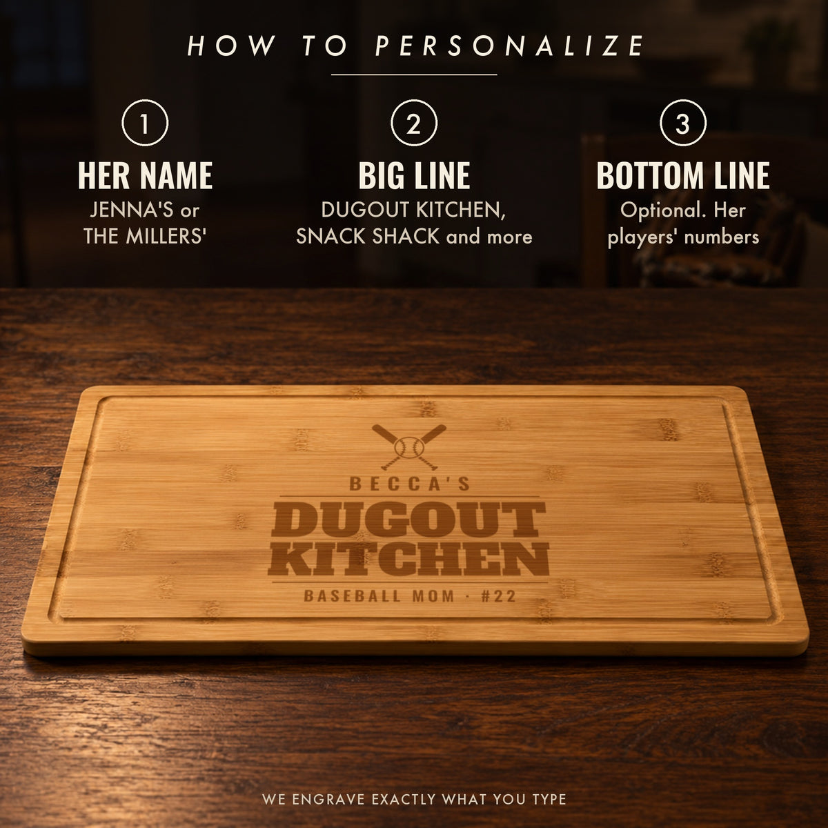 How to personalize the baseball mom cutting board: her name, a big line like DUGOUT KITCHEN or SNACK SHACK, and an optional line with her players' numbers
