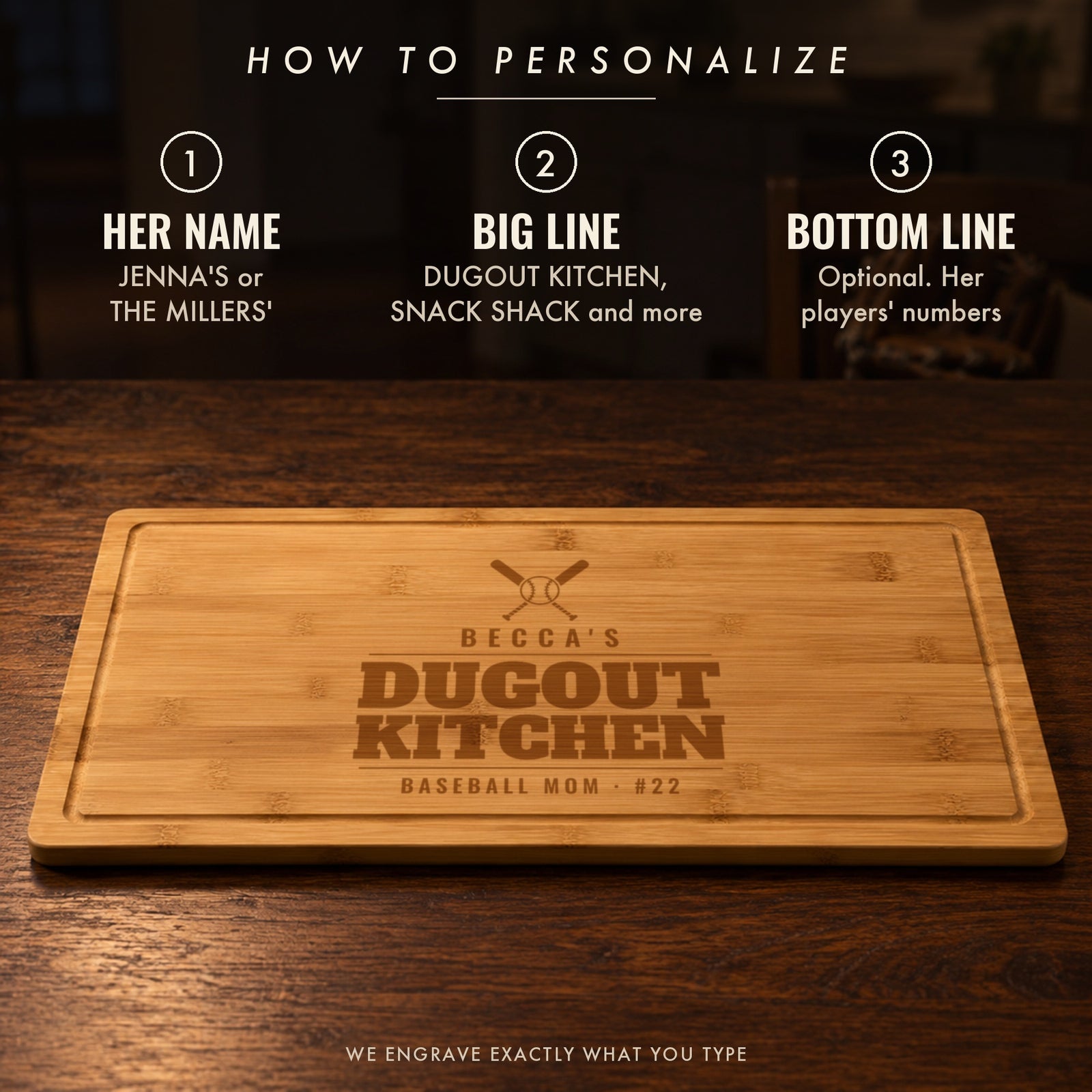 How to personalize the baseball mom cutting board: her name, a big line like DUGOUT KITCHEN or SNACK SHACK, and an optional line with her players' numbers