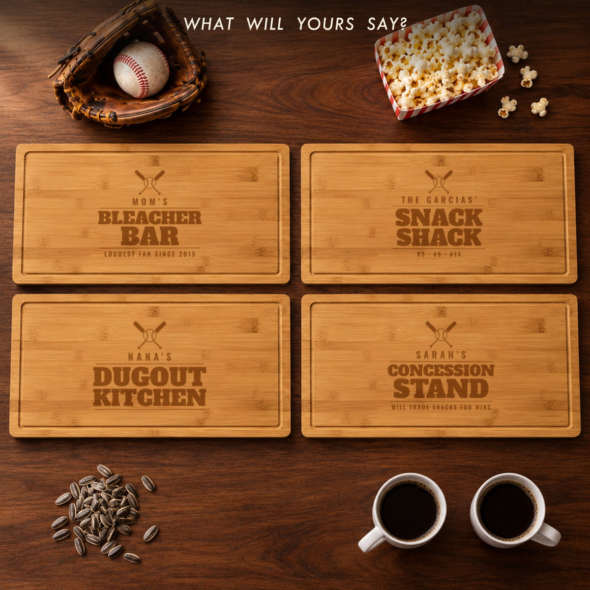 Four engraved baseball mom cutting boards: Mom's Bleacher Bar, The Garcias' Snack Shack, Nana's Dugout Kitchen and Sarah's Concession Stand