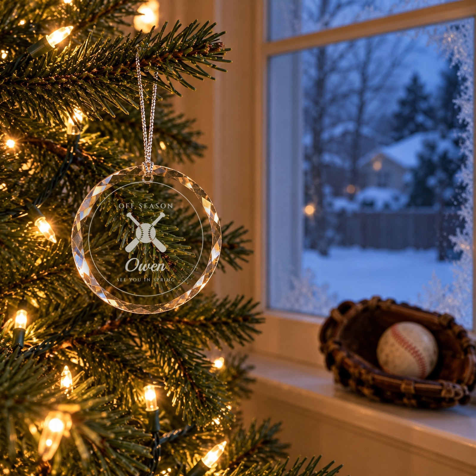 Baseball Christmas ornament engraved OFF SEASON, Owen, SEE YOU IN SPRING on a tree by a snowy window with a youth glove on the sill