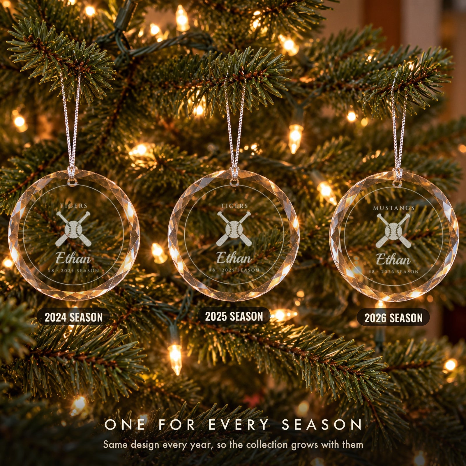Three personalized baseball Christmas ornaments on a tree, one for each season, engraved Ethan #8 for the 2024, 2025 and 2026 seasons
