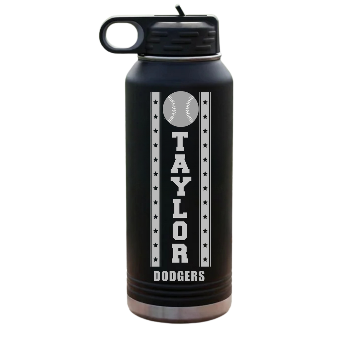 Black personalized baseball player water bottle engraved with a name and jersey number, 32oz insulated stainless steel