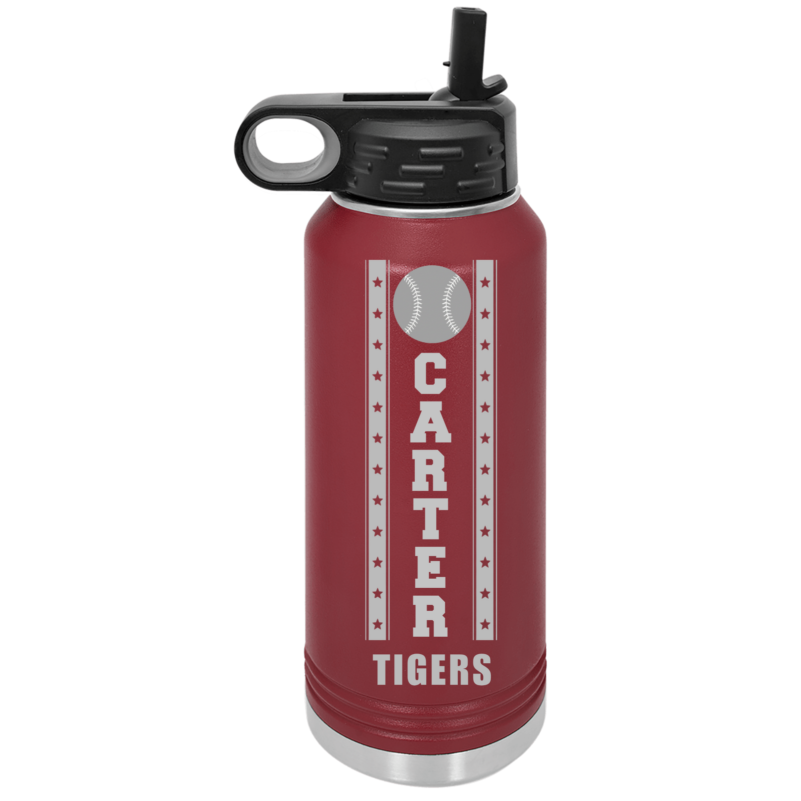 Maroon personalized baseball water bottle engraved with a player's name and number in a star-banner design