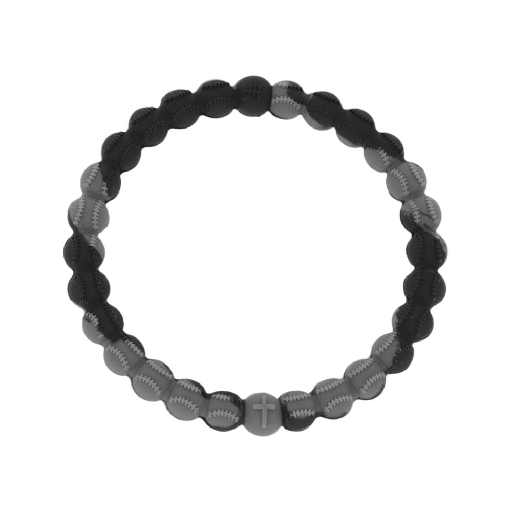 Black and grey baseball bracelet with cross bead, durable silicone design.