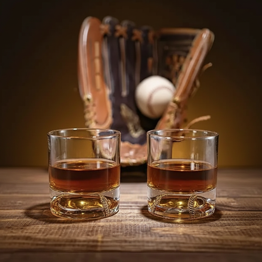 Two baseball glasses of amber liquid on a wooden surface with a baseball glove and ball in the background.