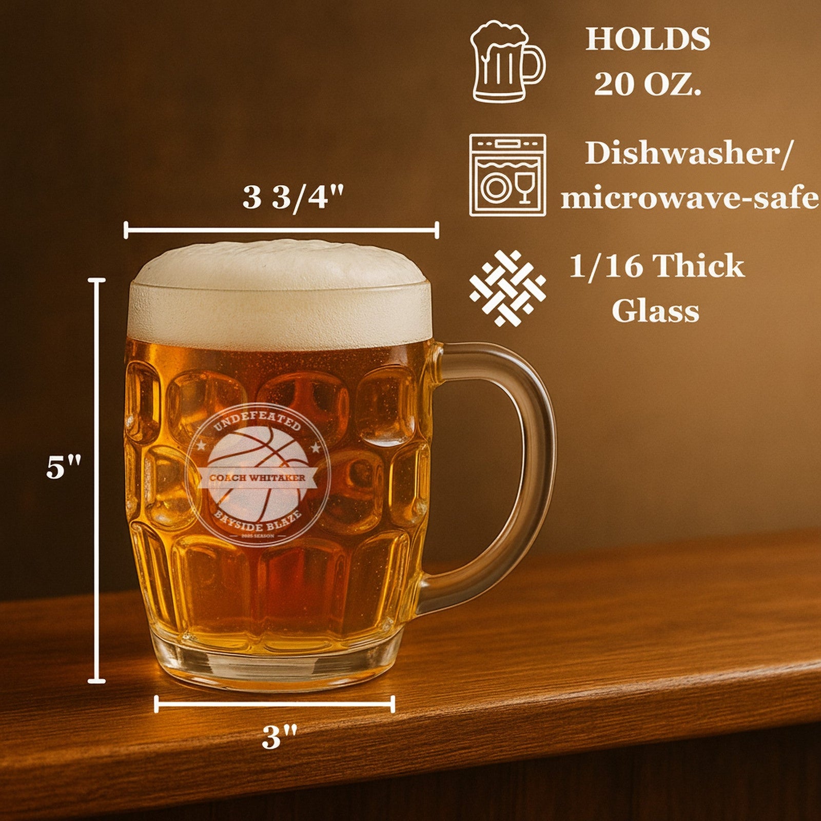 Size guide for the basketball coach beer stein, a 20 oz dimpled pub stein 5 inches tall and 3 3/4 inches across the top, engraved Undefeated