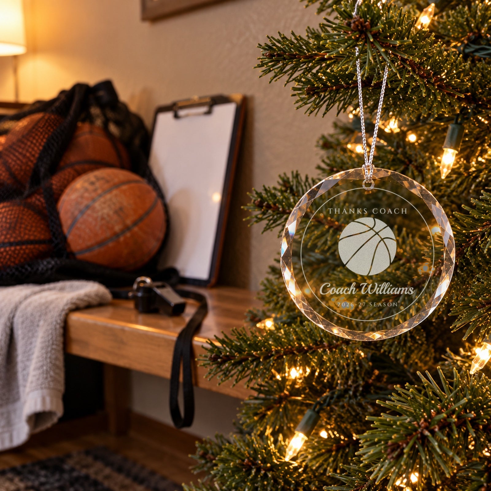 Basketball coach ornament engraved THANKS COACH, Coach Williams, 2026-27 SEASON on a Christmas tree beside a bag of basketballs, a whistle and a clipboard
