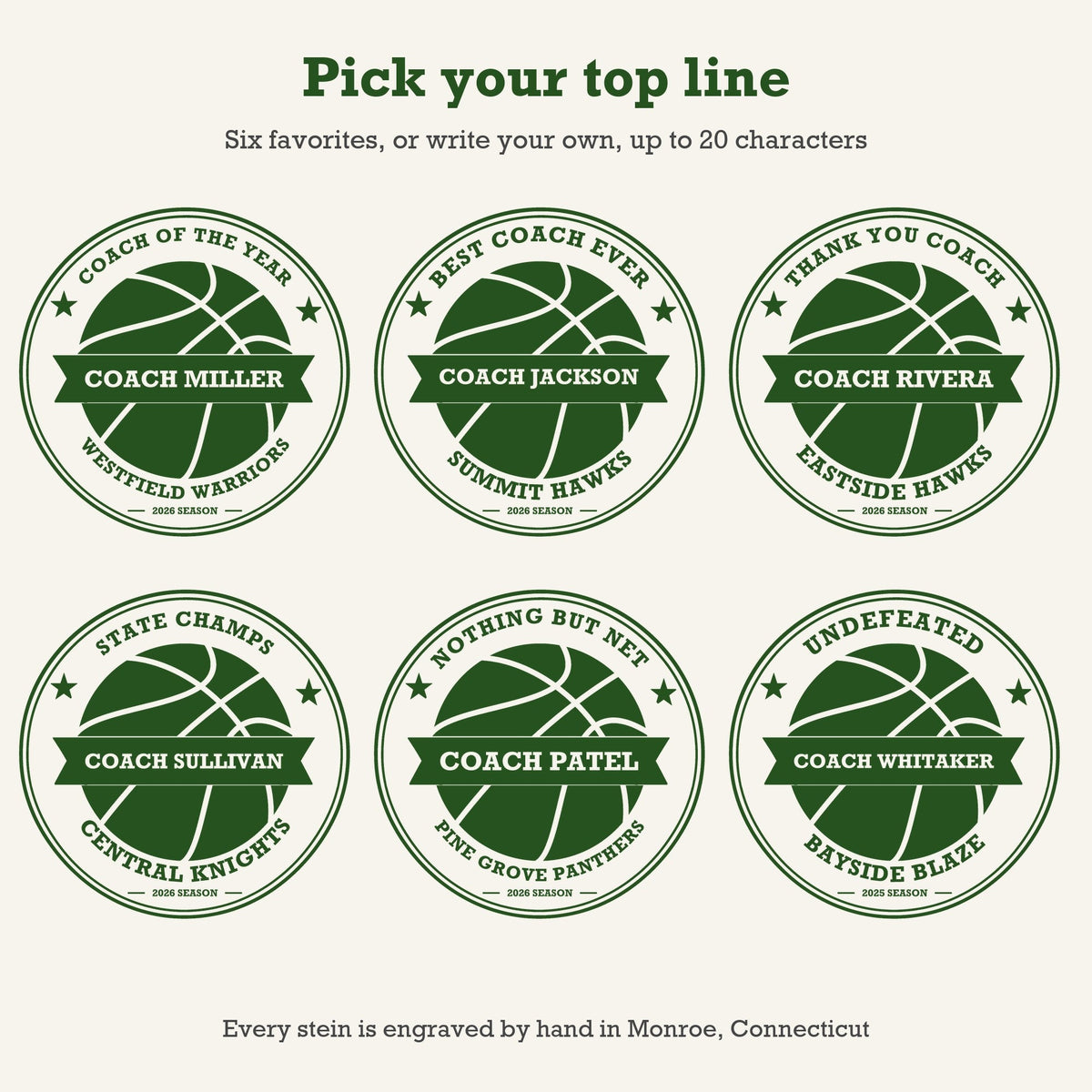 Six basketball coach stein designs showing top line ideas: Coach of the Year, Best Coach Ever, Thank You Coach, State Champs, Nothing but Net and Undefeated