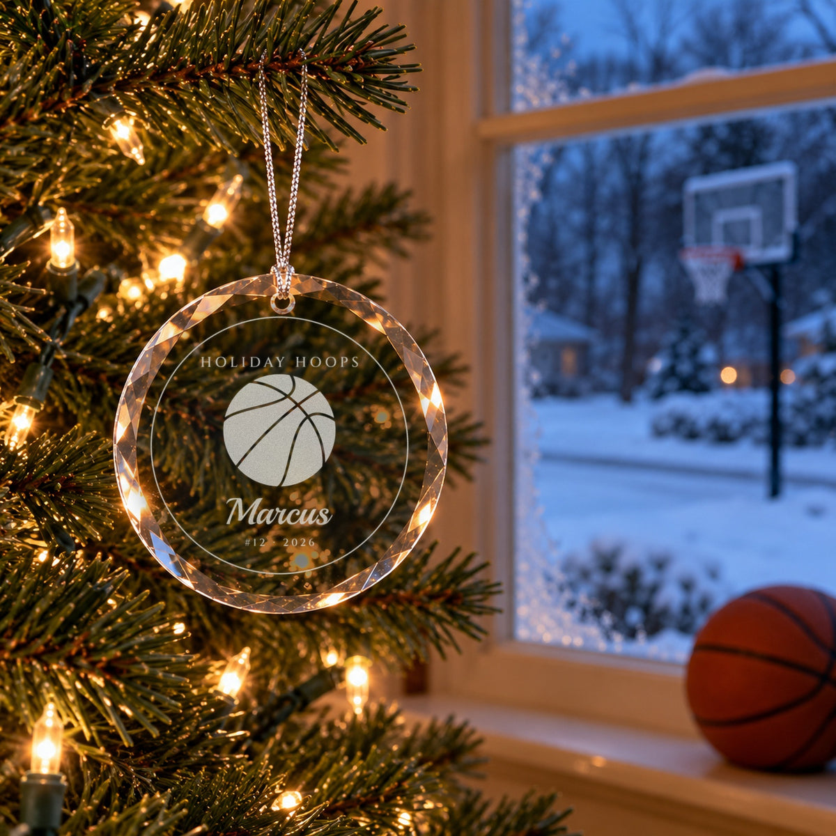 Basketball Christmas ornament engraved HOLIDAY HOOPS, Marcus, #12 · 2026 by a window with a snowy driveway hoop outside and a basketball on the sill