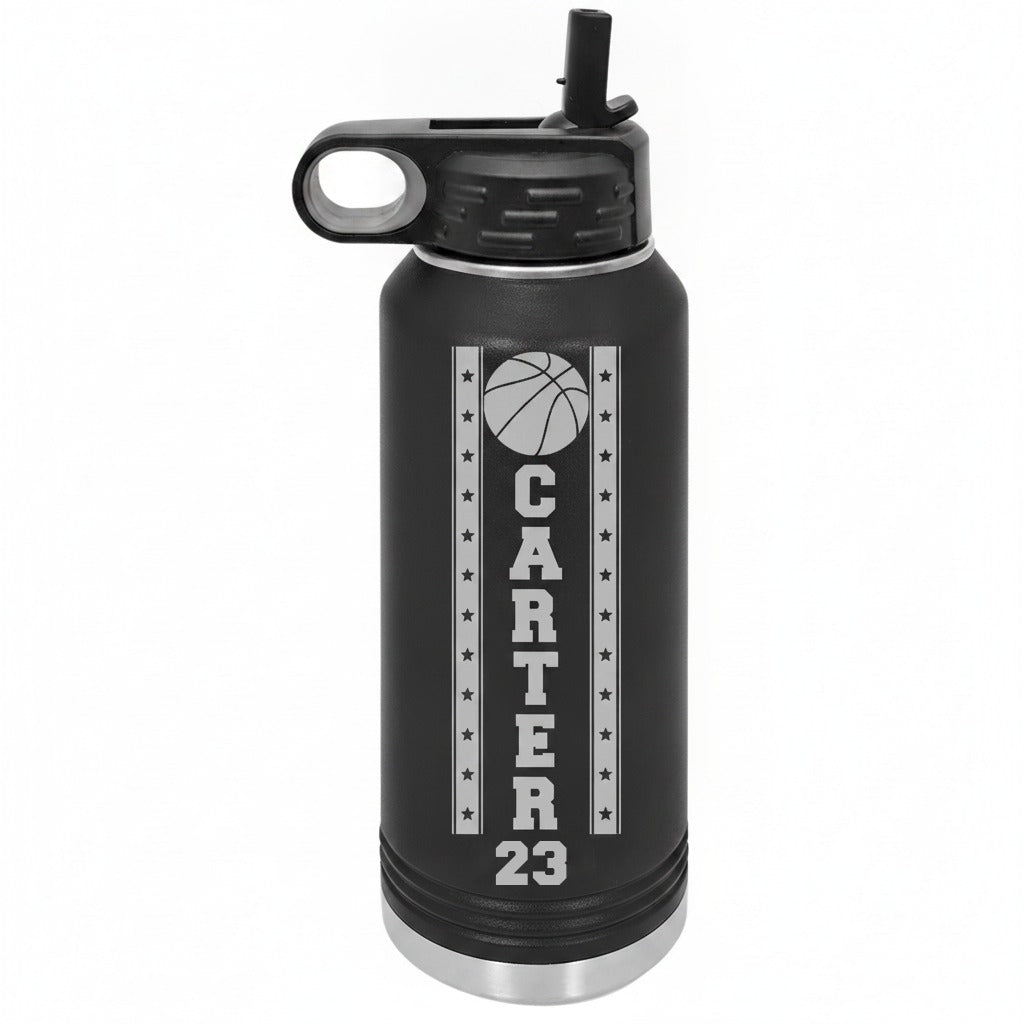 Black personalized basketball water bottle laser engraved with a basketball, the player name Carter down the middle and the number 23 below in a star border