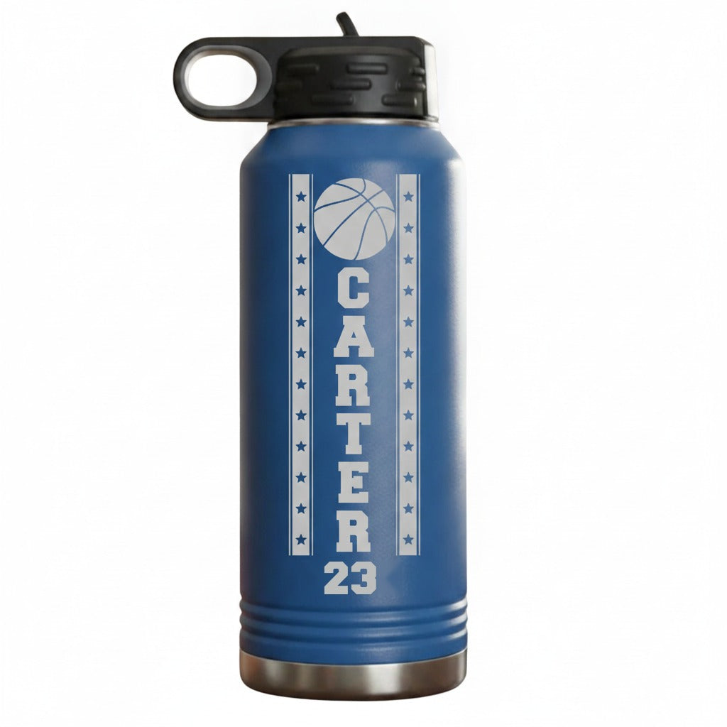 Royal blue personalized basketball player water bottle engraved with a basketball emblem, the name Carter down the center and jersey number 23 on 32 oz steel