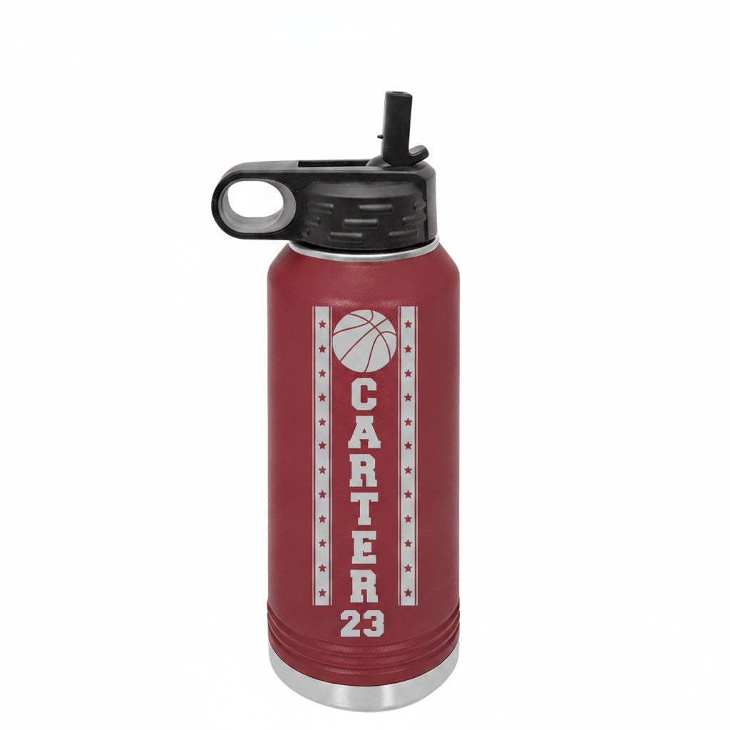 Maroon 32 oz basketball player water bottle with a flip top lid, engraved with a basketball, Carter down the center and the number 23 between star banners