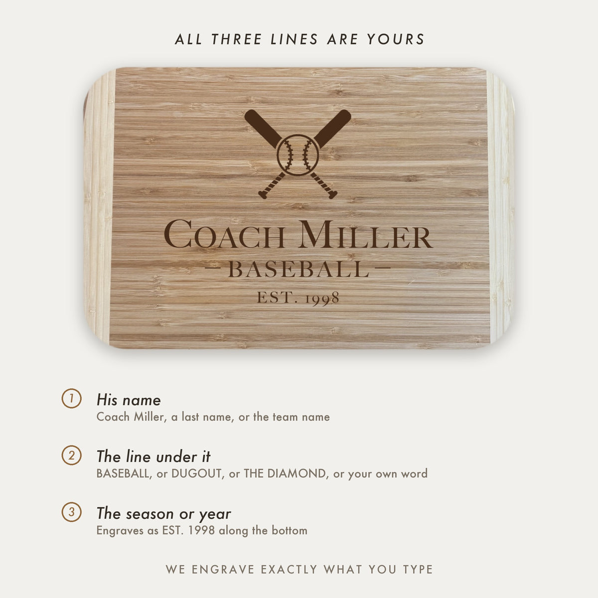 Personalization guide for the baseball coach cutting board showing the three engraved lines, his name, the line beneath such as BASEBALL, and the season year.