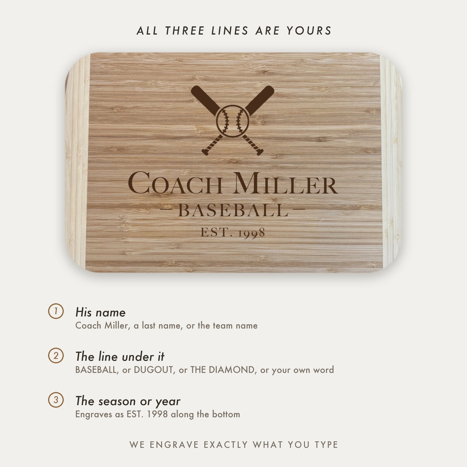 Personalization guide for the baseball coach cutting board showing the three engraved lines, his name, the line beneath such as BASEBALL, and the season year.