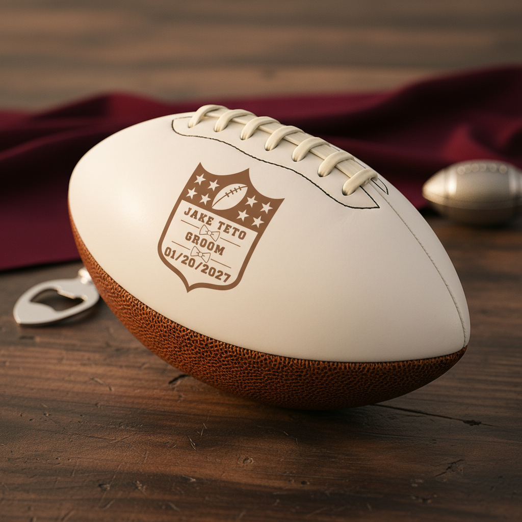 Custom Groomsman Football engraved with name, role, and wedding date on a white shield panel