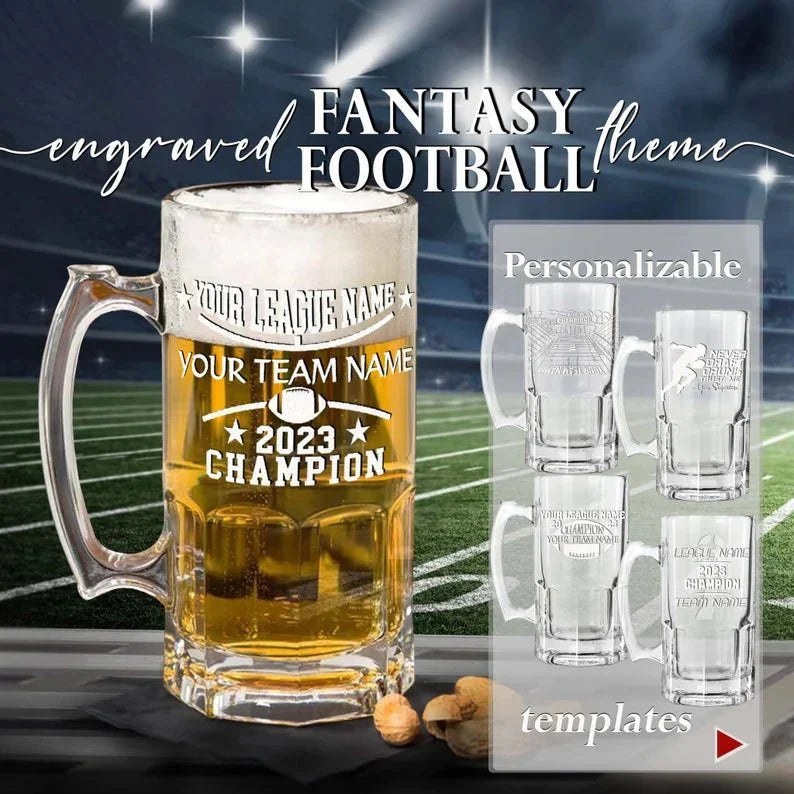 32oz Football Beer Stein laser-engraved with name and league details