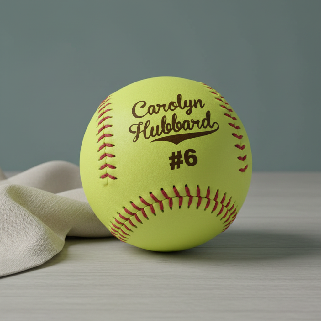 Bright yellow synthetic leather softball laser-engraved with sample name "Carolyn Hubbard" and number 6, displayed with white cloth on gray surface.
