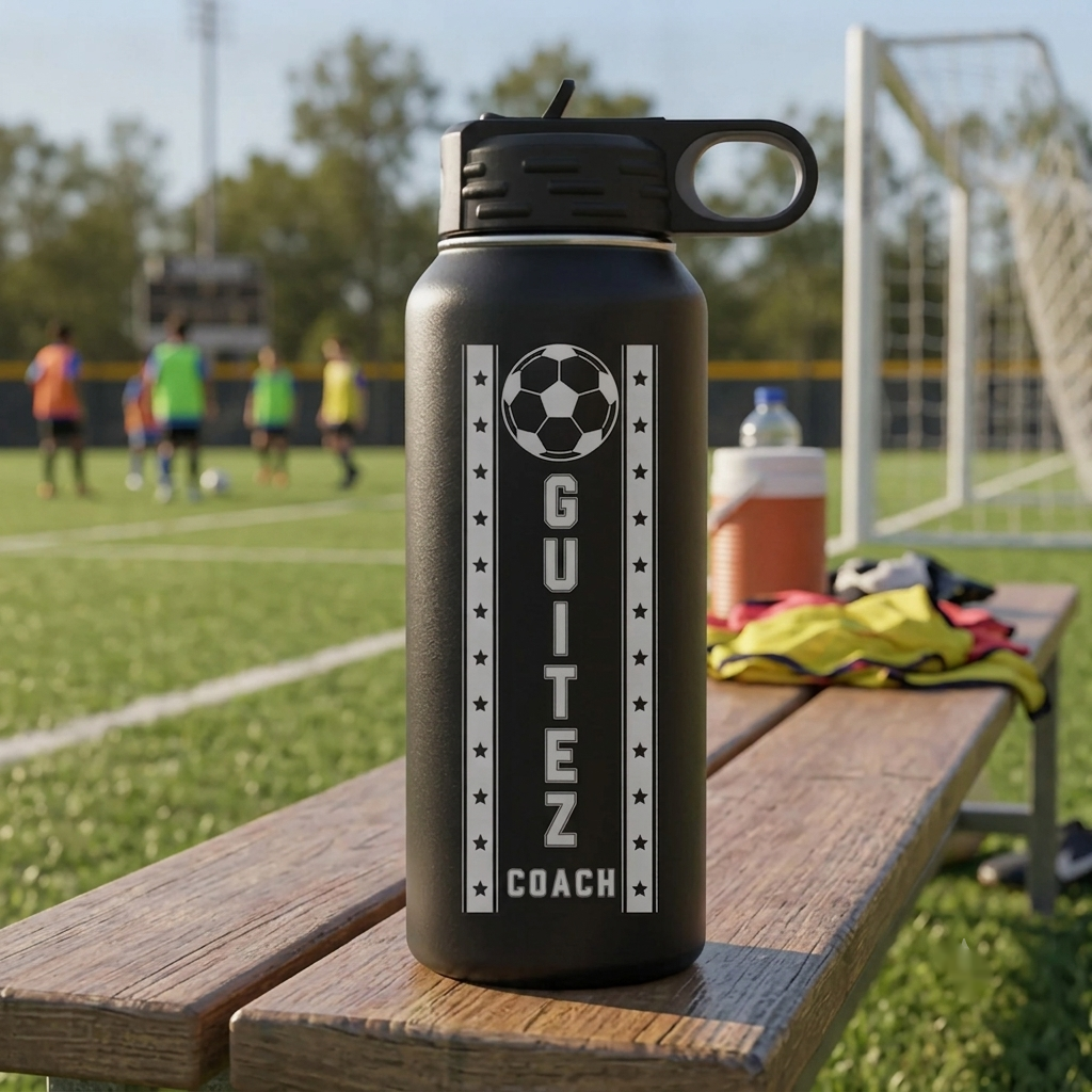 Black insulated water bottle with sample personalization showing soccer ball design, stars, and "GUITIEZ COACH" text, displayed on bench at soccer field with players and goal in background.