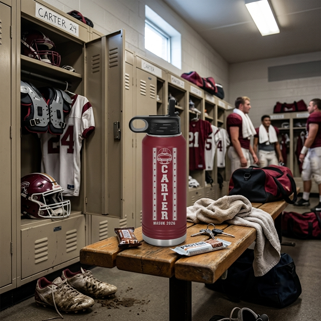 Maroon water bottle with "CARTER" and "MASUK 2026" sample personalization displayed on locker room bench with football gear and uniforms.
