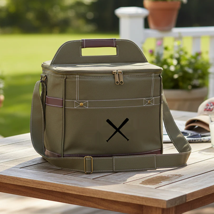 Tan cooler bag with gray trim, stitching details, shoulder strap, and personalization area marked with an X on front panel