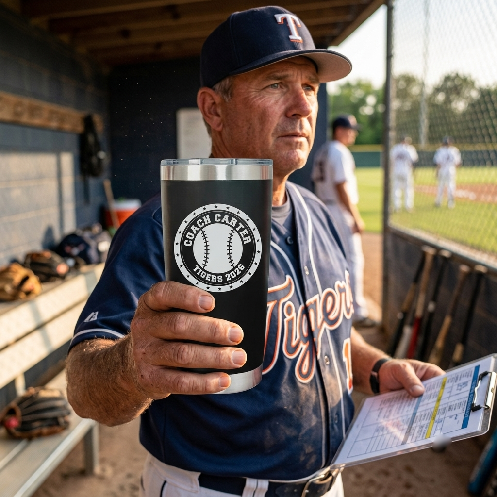 Baseball coach holding a black insulated tumbler with sample personalization showing "Coach Carter Tigers 2028" and baseball design in a dugout setting.