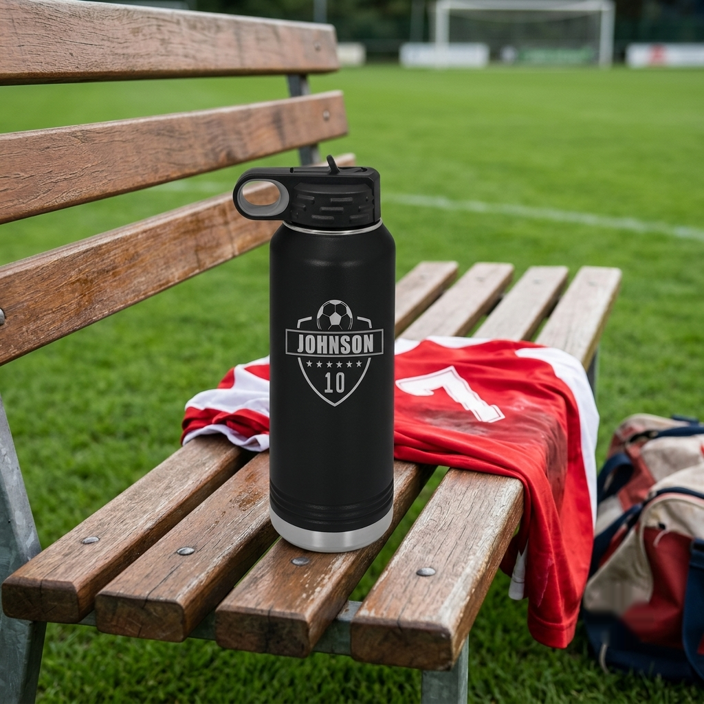 Black insulated water bottle with sample engraving "JOHNSON 10" soccer shield design, displayed on wooden bleacher with red team jersey at sports field.