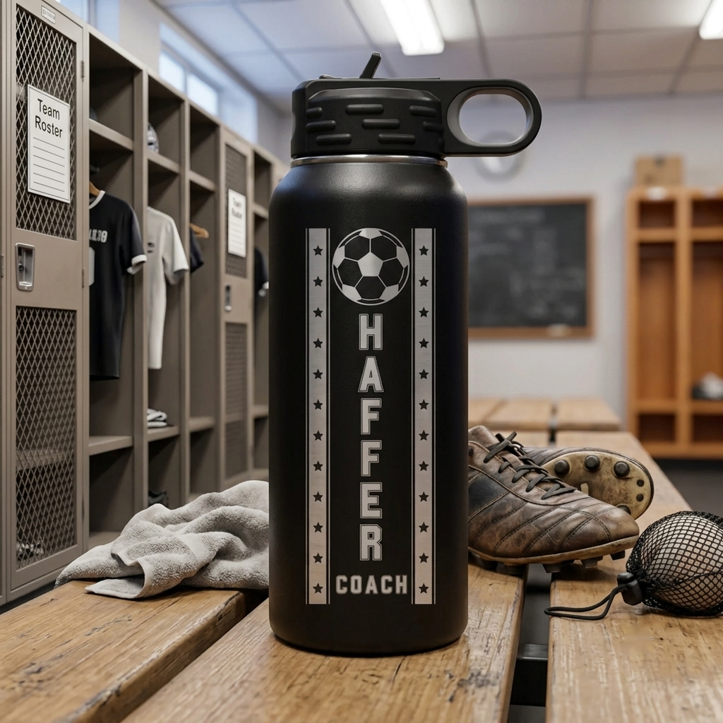 Black insulated water bottle with engraved soccer ball design and sample text reading "HAFFER COACH" displayed in locker room setting with sports gear.