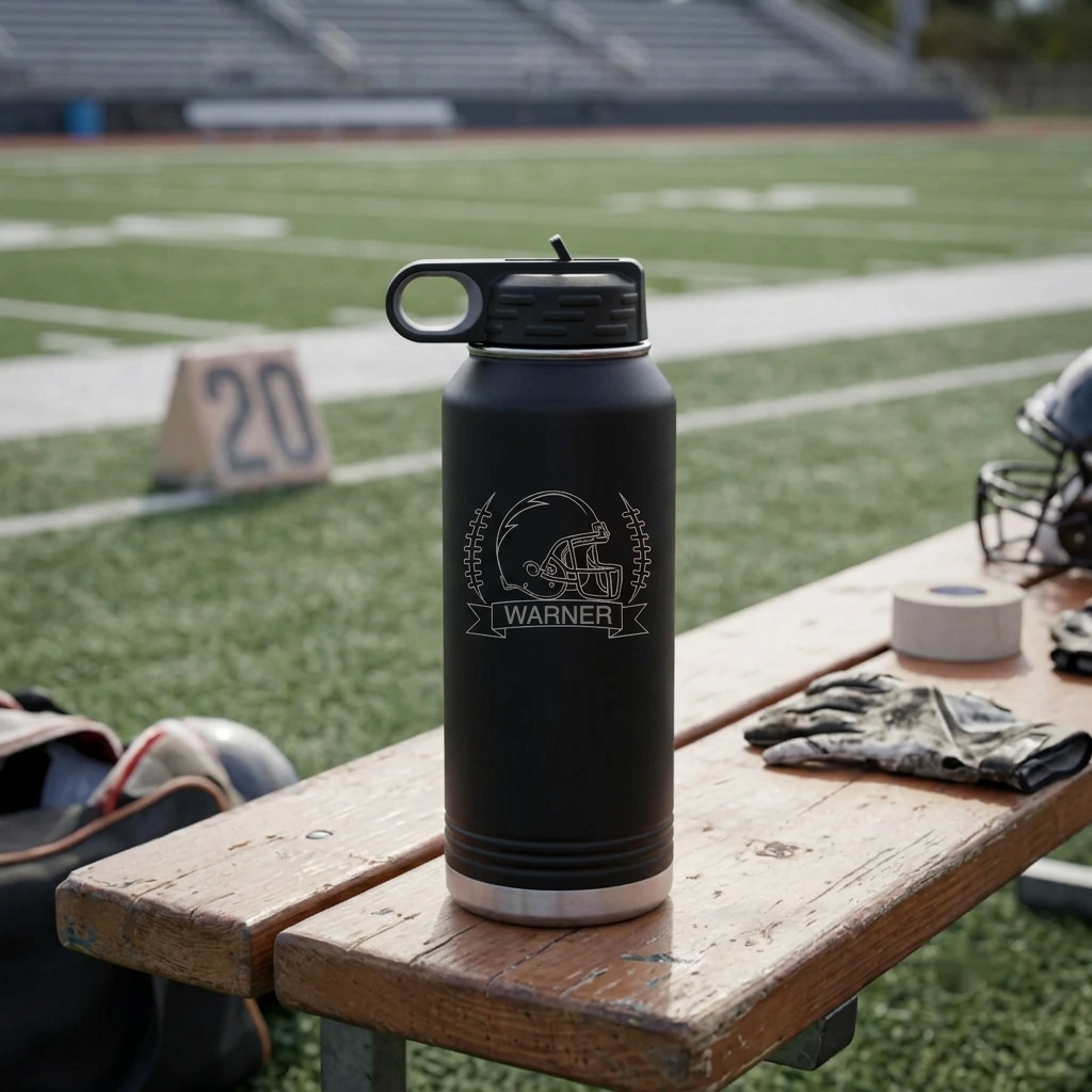 Personalized Football Water Bottle with sample name personalization preview overlay