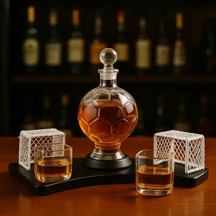Soccer ball-shaped decanter with globe stopper filled with amber whiskey, flanked by two rocks glasses with miniature goalpost designs on black display base