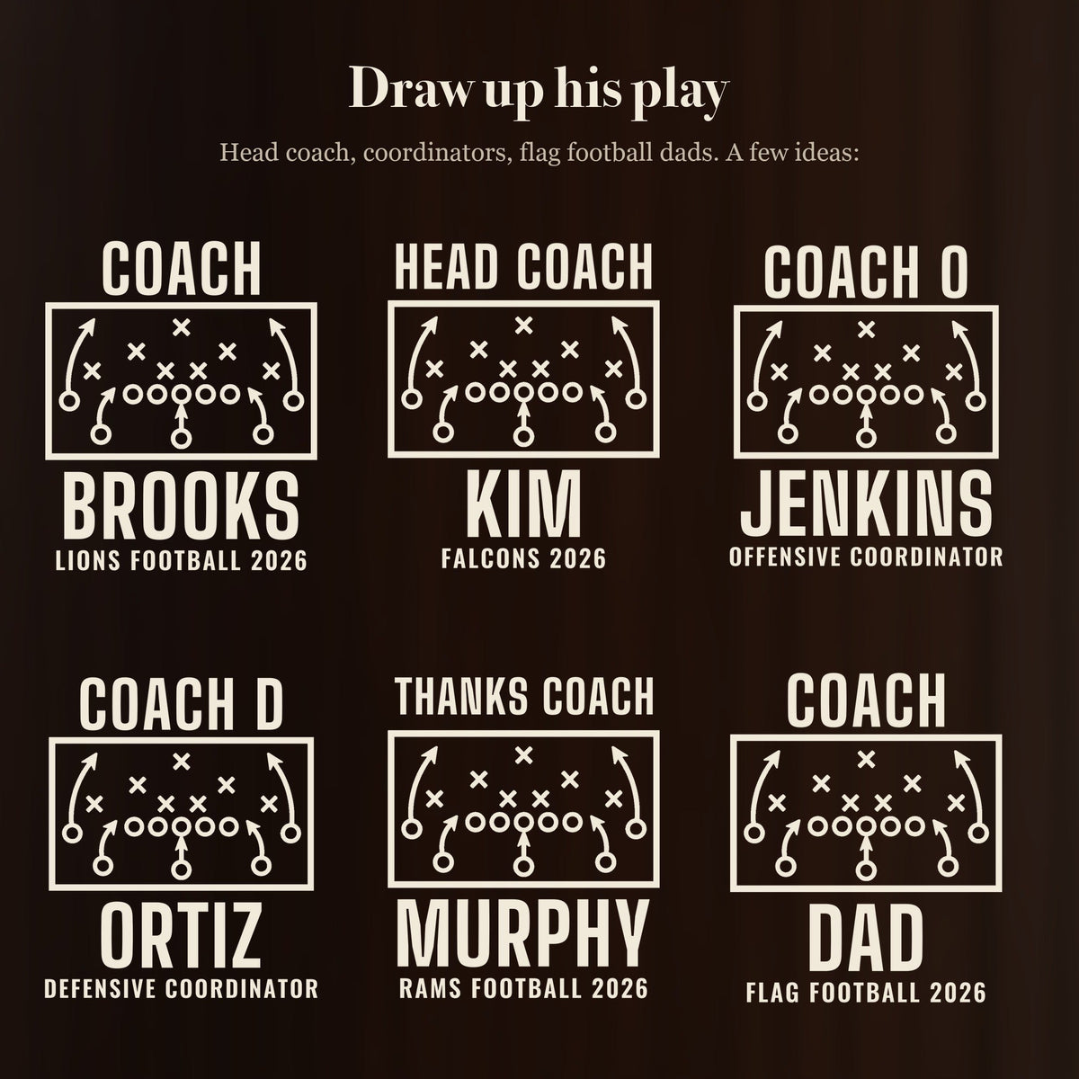 Six engraving ideas for the football coach beer stein, from HEAD COACH and COACH O to team and season lines, each with a different coach's name