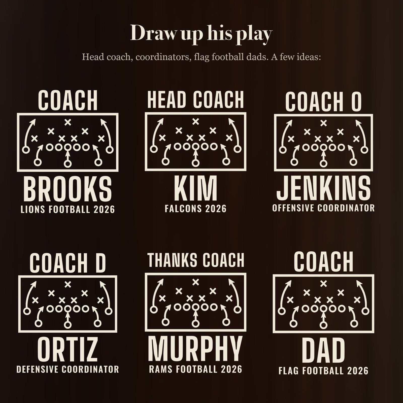 Six engraving ideas for the football coach beer stein, from HEAD COACH and COACH O to team and season lines, each with a different coach's name