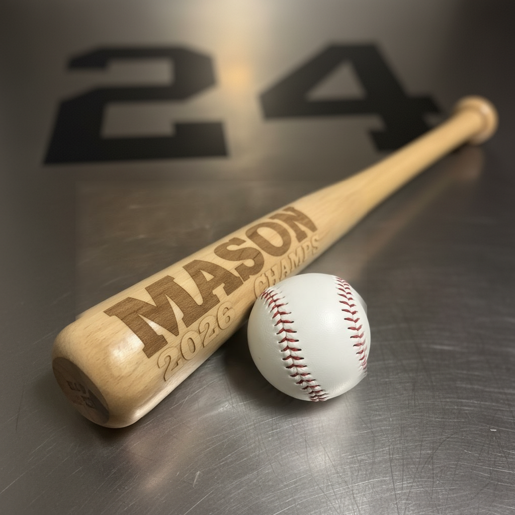 Solid wood mini baseball bat laser engraved with sample player name MASON and the line 2026 CHAMPS, shown beside a baseball, the championship award for each player