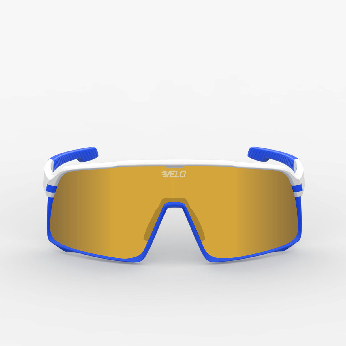 Blue and white VELO Shades sunglasses with gold-tinted lenses and interchangeable blue side earpieces, front view against white background