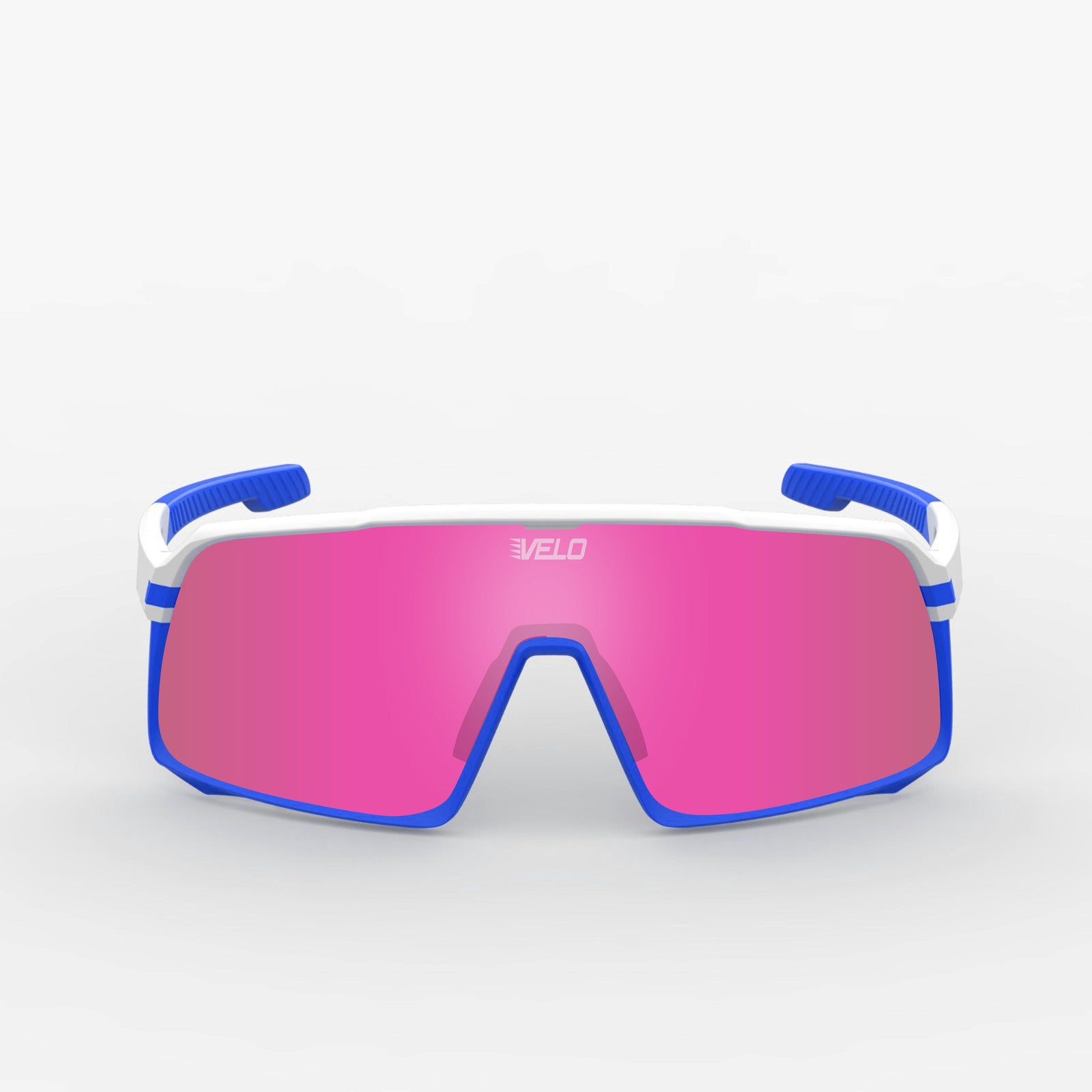 VELO Changeup sunglasses with pink lens, blue frame, and white accents shown front-facing against neutral background