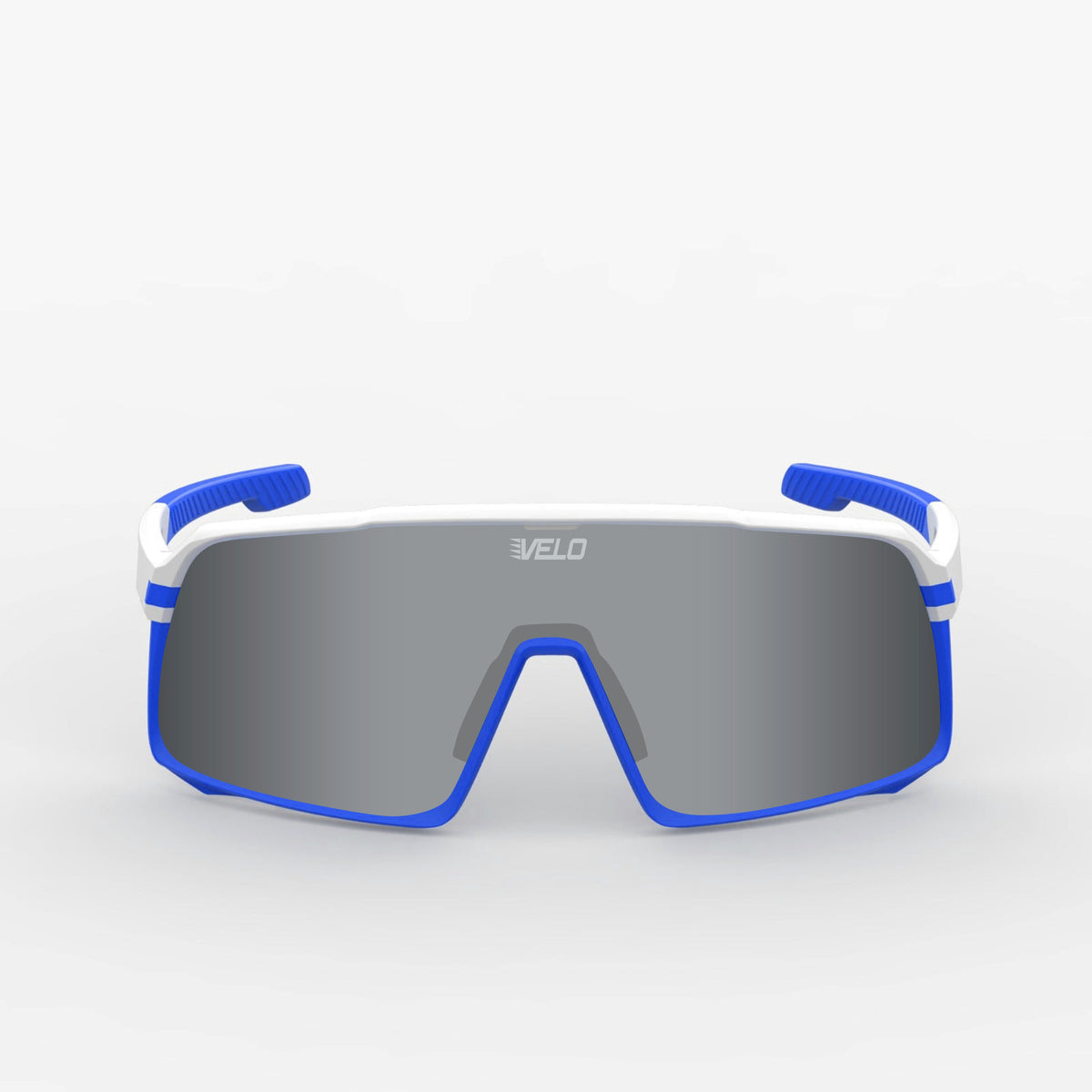Blue and white VELO Changeup sunglasses with gray mirrored lenses and interchangeable blue side earpieces, shown front view on neutral background.