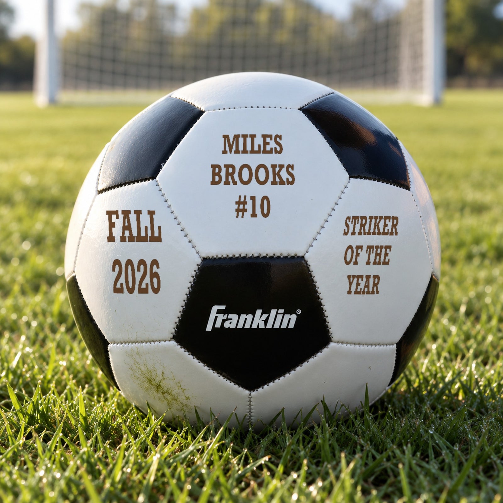 Custom soccer ball engraved with a player's name and #10, Fall 2026 and Striker of the Year, resting in the grass in front of a goal