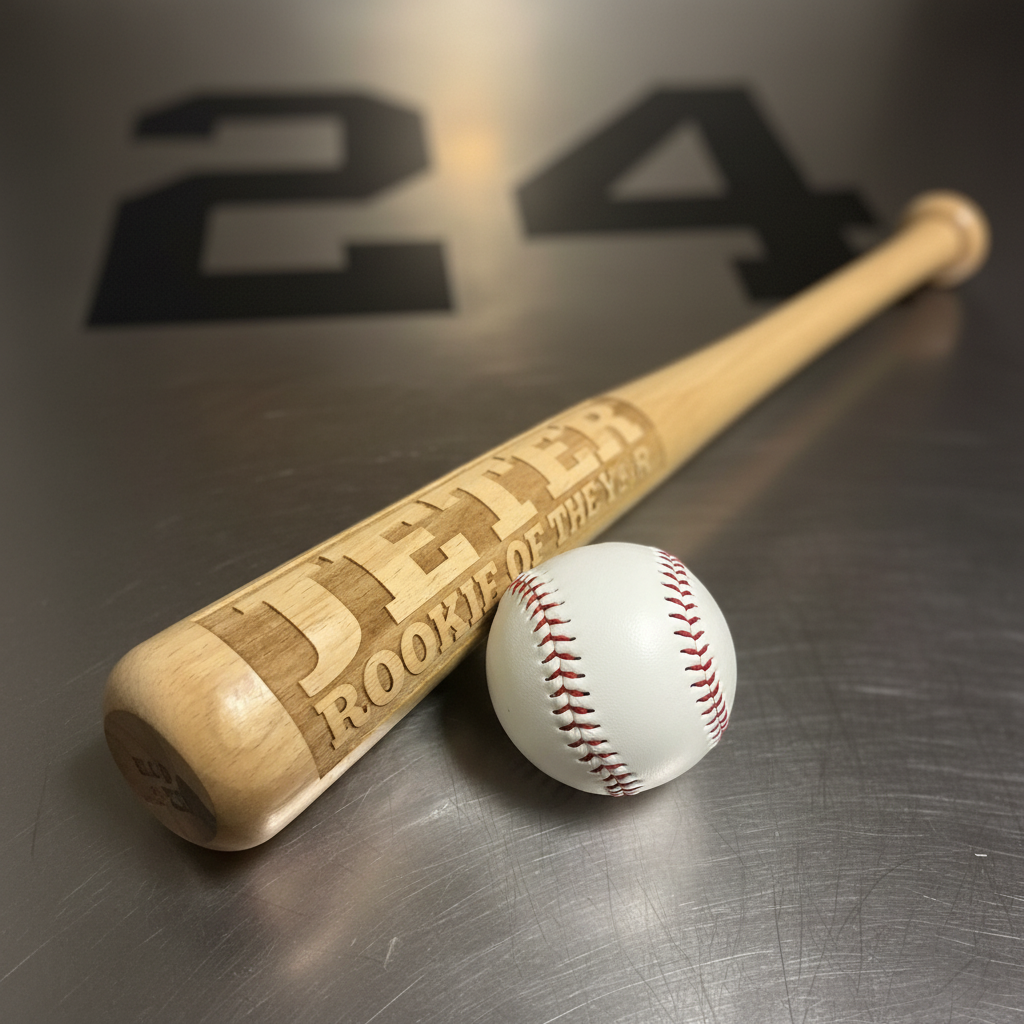 Close-up of a laser engraved solid wood mini baseball bat, the keepsake format used to commemorate a player's first home run